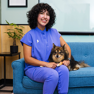 A person with curly hair wearing a blue outfit sits on a blue couch, smiling and holding a small dog. A plant is on a side table, and a whiteboard hangs on the wall behind them.